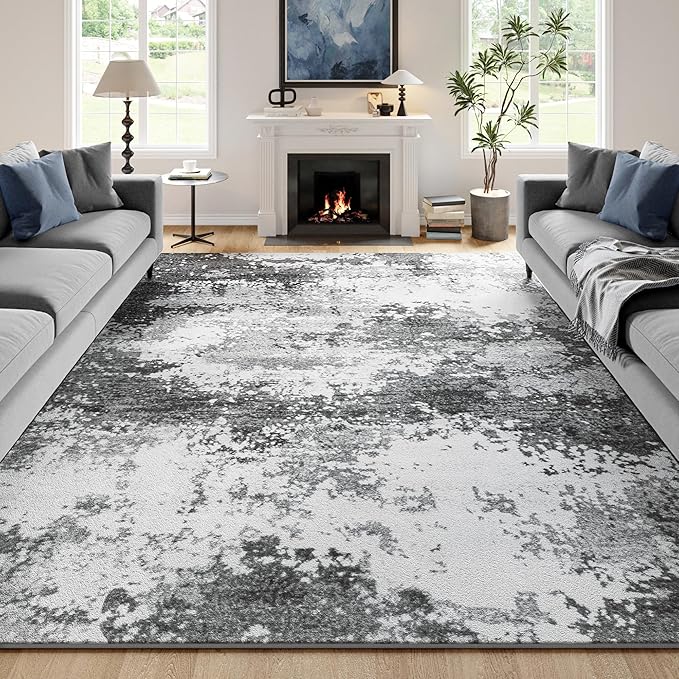 Washable Rug 9x12 Area Rugs for Living Room Bedroom Carpet, Grey Indoor Vintage Abstract Boho Large Rug Non Slip Faux Wool Rugs for Dorm, Dining Room Table, Nursery, Kids Playroom, Gray