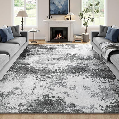 Washable Rug 9x12 Area Rugs for Living Room Bedroom Carpet, Grey Indoor Vintage Abstract Boho Large Rug Non Slip Faux Wool Rugs for Dorm, Dining Room Table, Nursery, Kids Playroom, Gray