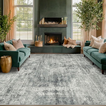 Hazo Haus Large Slate Blue Rug for Living Room - Neutral Farmhouse 9x12 Area Rug for Dining Room, Bedroom Under Bed, Non Slip with Rubber Backing & Stain Resistant Dark Gray Decor