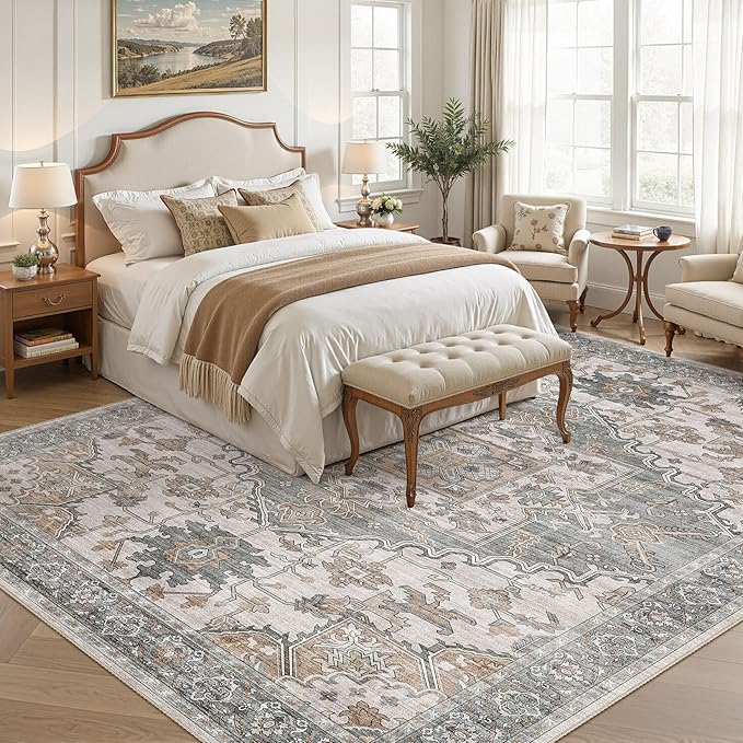 8x10 Washable Area Rugs for Living Room: Non Slip Vintage Gray Brown Rug, Large Soft Stain Resistant Indoor Floor Carpets for Bedroom Dining Room Nursery Home Office Kid & Pet Friendly
