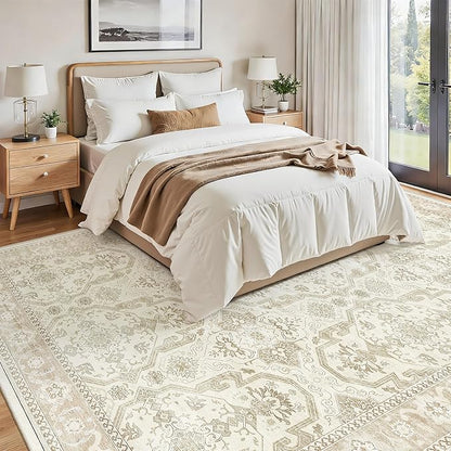 Soalmost Washable Area Rug 8x12, Large Soft Rugs for Living Room Vintage Beige/Brown Carpet 8x12 Area Rugs for Bedroom Dining Room Non-Slip Stain Resistant Under Table Rug