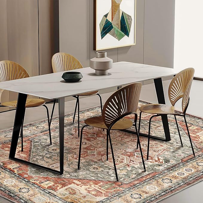 CHAMPLANT Area Rug 5'x7' Red Khaki Washable Vintage Traditional Floor Cover Thin Retro Kitchen Indoor Distressed Non Slip Carpet Floral Print Area in Living Room Bedroom Dining Room