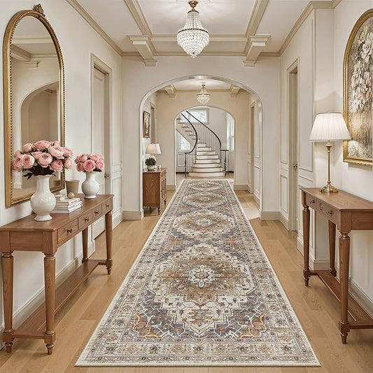 Madane Hallway Runner 3x14 - Runner Rugs 14ft Washable Entryway Rug Vintage Kitchen Runners Non Slip Indoor Area Rug Farmhouse Carpet Runner for Bathroom Living Room Bedroom, Turmeric/Grey