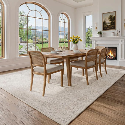 FMFUNCTEX 5x7 Washable Area Rug Neutral Beige Vintage Distressed Oriental Non Slip Low Pile Floral Rug for Living Room Bedroom Cream Traditional Soft Thin Retro Indoor Carpet for Dining Room Office