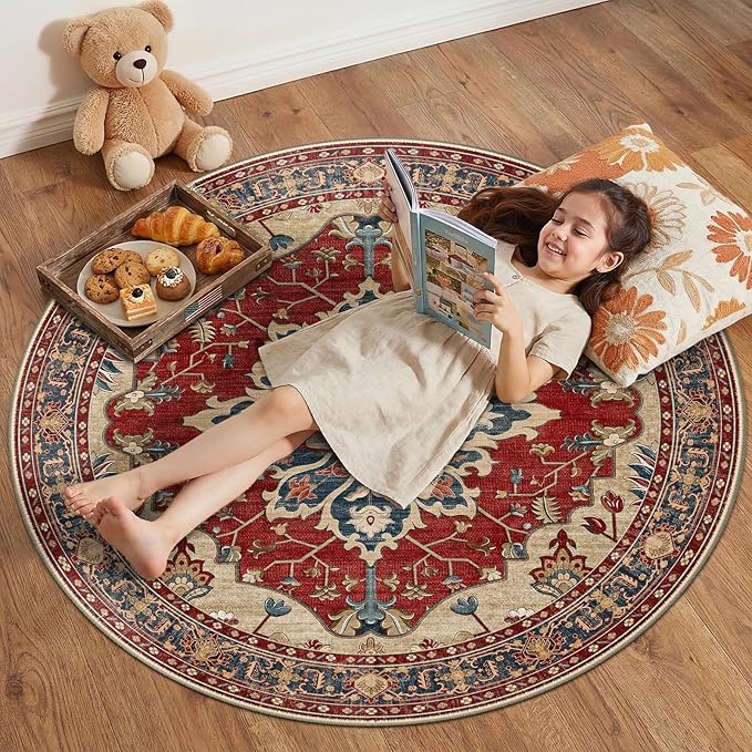 RELEANY Area Rugs Round 4ft Washable Non-Slip, Floral Vintage Distress Print Pattern Medallion Carpet for Living Room Bedroom Dining Room, Red Blue