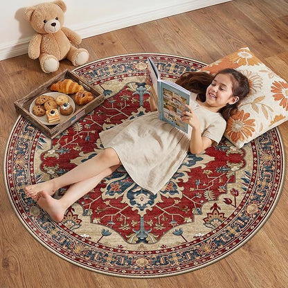 RELEANY Area Rugs Round 4ft Washable Non-Slip, Floral Vintage Distress Print Pattern Medallion Carpet for Living Room Bedroom Dining Room, Red Blue