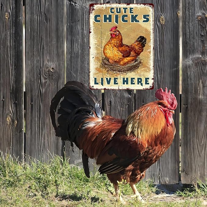 Funny Chicken Coop Signs Vintage Cute Chicks Live Here Metal Decor for Hen House & Farm 12x16Inch