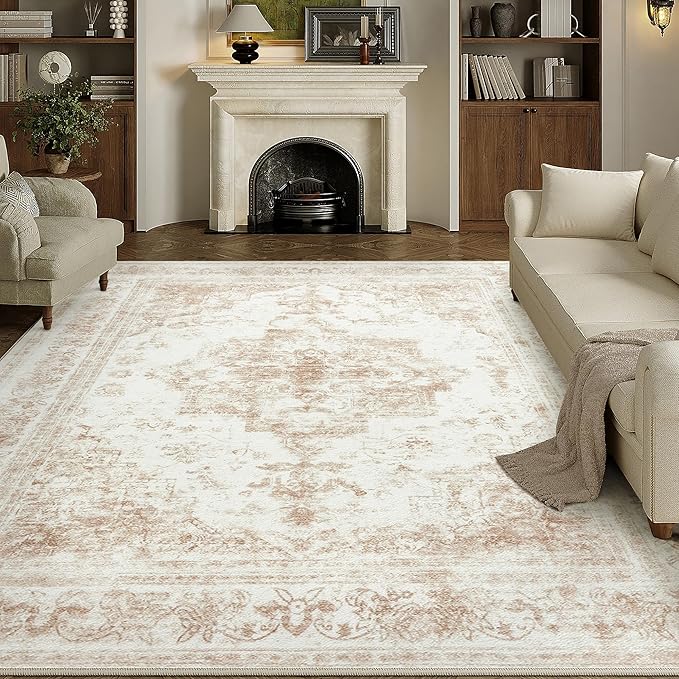 PureCozy Area Rug 5x7 Cream Washable Living Room Beige Carpet Non Slip Vintage Medallion Low Pile Soft Indoor Bedroom Retro Distressed Indoor Rug for Kitchen Home Office Laundry Dining Room
