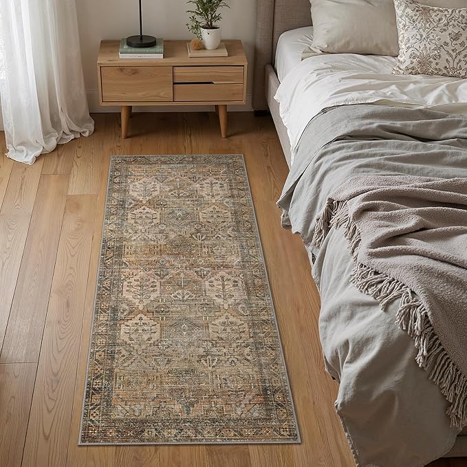 Bavni Kitchen Rug 2x6 Runner Rugs for Hallways Entryway, Washable Vintage Print Carpet, Ultra-Thin Chenille Low Pile Lightweight Rug with Non Slip Backing, Warm Taupe