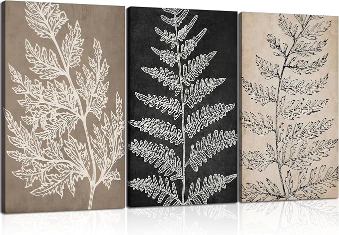 3Pcs Framed Botanical Canvas Wall Art Black Tan Fern Leaf Pictures Minimalist Paintings Nature Fern Plant Silhouette Posters Prints for Living Room Bedroom Office Farmhouse Wall Decor
