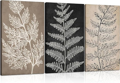 3Pcs Framed Botanical Canvas Wall Art Black Tan Fern Leaf Pictures Minimalist Paintings Nature Fern Plant Silhouette Posters Prints for Living Room Bedroom Office Farmhouse Wall Decor