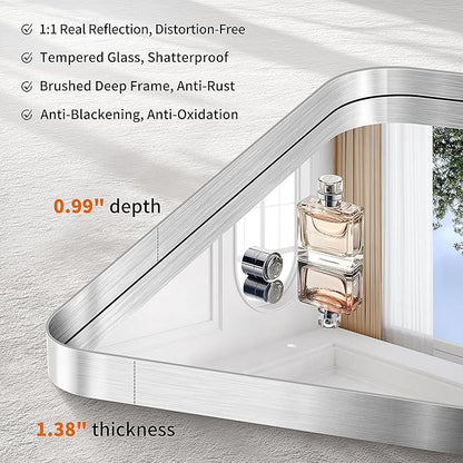 CIRCUMI Silver Bathroom Mirror, 36"x55" Rectangular Mirror with Deep Metal Frame, Rounded Corner, Tempered Glass, Large Mirror for Wall, Over 2 Sinks, Installed Vertically/Horizontally, Crystal-Clear
