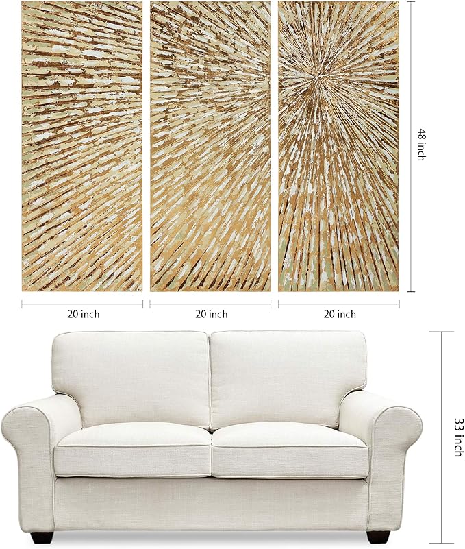 Empire Art Direct Gold Wall Art Textured Hand Painted Canvas by Martin Edwards, Triptych, 48" x 20" each, Sunshine