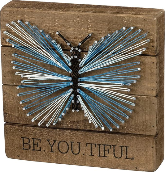 Primitives by Kathy Distressed Wood Slat Sign - 'Be.You.Tiful' with Hand-Strung Heart, Wall Art & Desk Decor for Home