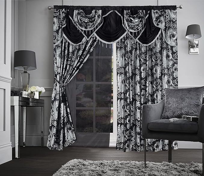 GLORY RUGS Jacquard Luxury Window 2 Panel Set Black Curtain with Attached Valance and Backing Bedroom Living Room Dining 2 Curtains 55x84 inches Each Jana