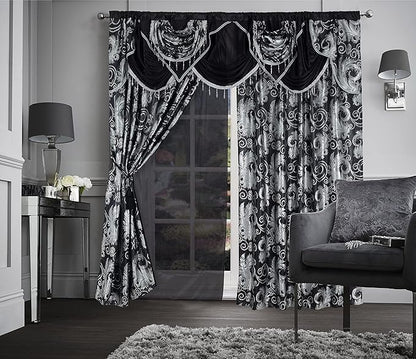 GLORY RUGS Jacquard Luxury Window 2 Panel Set Black Curtain with Attached Valance and Backing Bedroom Living Room Dining 2 Curtains 55x84 inches Each Jana