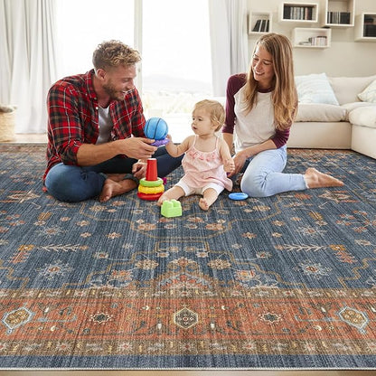 10x14 Area Rug for Living Room- Machine Washable Soft Oriental Vintage Large Indoor Floor Carpet for Bedroom Under Dining Table Home Office Decor - Blue Terracotta