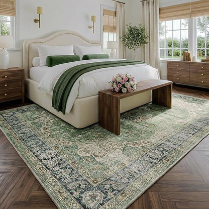 FMFUNCTEX 6x9 Green Washable Area Rug Vintage Distressed Oriental Non Slip Low Pile Neutral Indoor Carpet for Living Room Bedroom Soft Retro Floral Thin Large Rug for Dining Nursery Office Dorm