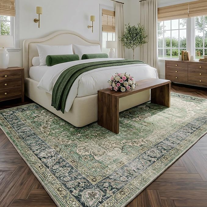 FMFUNCTEX 8x10 Green Washable Area Rug Vintage Distressed Oriental Non Slip Low Pile Neutral Indoor Carpet for Living Room Bedroom Soft Retro Floral Thin Large Rug for Dining Nursery Office Dorm