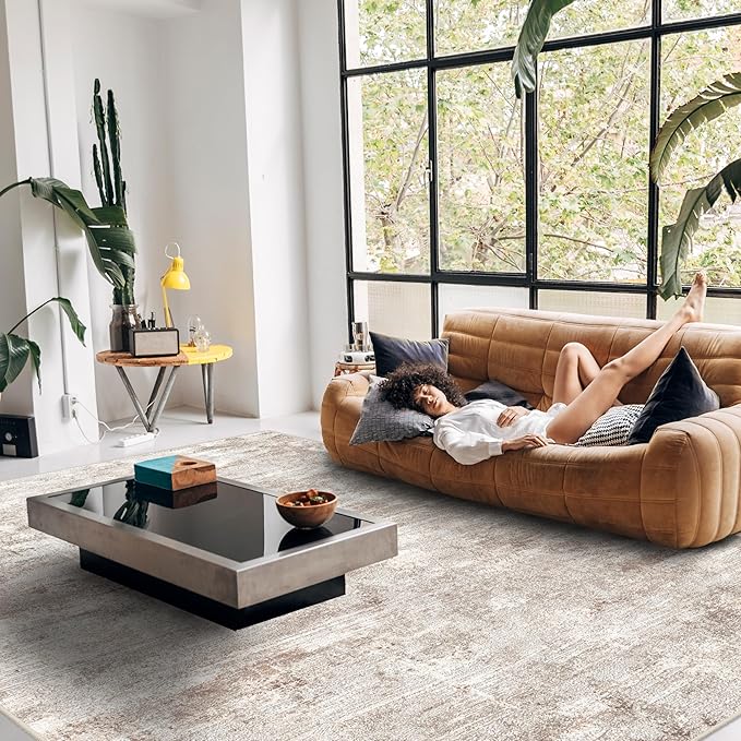RUUGME 9X12 Abstract Area Rug:Large Washable Living Room Rug Non Slip Low Pile Carpet for Bedroom Soft Foldable Stain Resistant Distressed Thin Rug for Dining Room Kitchen 9X12 Brick/Brown/Beige
