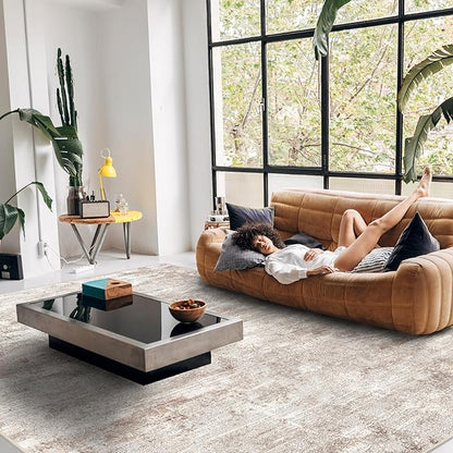 RUUGME 9X12 Abstract Area Rug:Large Washable Living Room Rug Non Slip Low Pile Carpet for Bedroom Soft Foldable Stain Resistant Distressed Thin Rug for Dining Room Kitchen 9X12 Brick/Brown/Beige