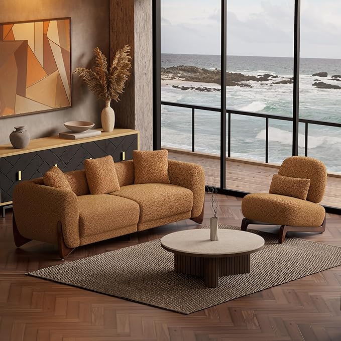 Morden Fort 3 Piece Boucle Sofa Set, Modern Upholstered Couches Sofas Set Durable Comfy Boucle Pet-Friendly, 2 Armless Chairs & 3-Seater Sofa Sets for Living Room Bedroom Apartment, Toffee Orange