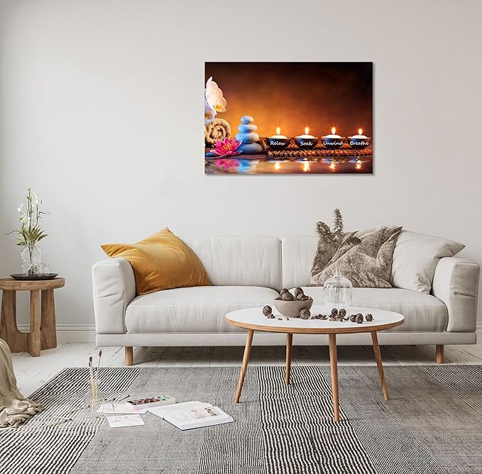 Zen Wall Art Lotus Flower Decor Breathe Canvas Picture Candles Relaxing Peaceful Poster Prints for Zen Spa Room Living Room Bedroom(16.00" x 24.00")