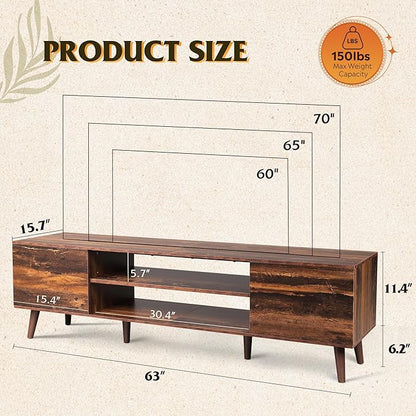 WLIVE Mid-Century Modern TV Stand for 65 70 Inch TV, Entertainment Center with Storage, Adjustable Shelves & Soft-Close, Media TV Console for Living Room/Bedroom, Retro Brown