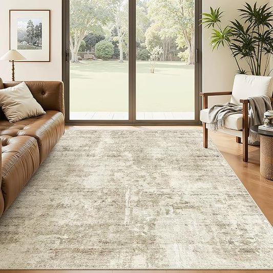 Soalmost 5x8 Area Rugs Beige Gray Low Pile Indoor Washable Trendy Faded Style Rugs for Bedroom Living Room Dining Room Foldable Non-Slip Thin Print Home Office Mat