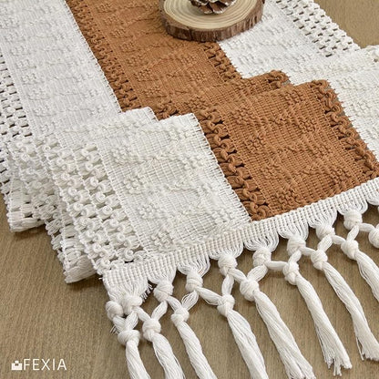 FEXIA Boho Table Runner with Tassels 72 Inches Long for Summer Home Decor Farmhouse Rustic Macrame Burlap Table Decoration for Living Room Dining Room, Reddish Brown(12x72 Inches)