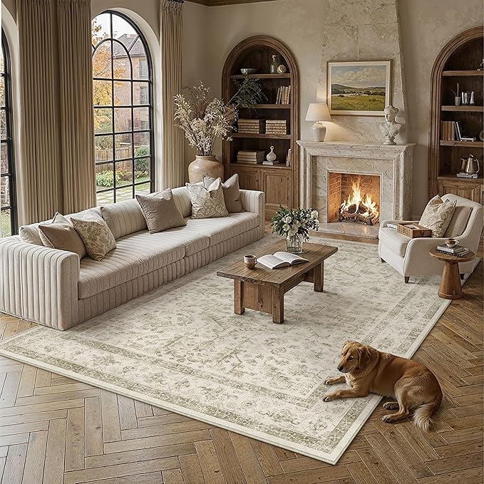 PureCozy Taupe 6x9 Area Rug Vintage Washable Living Room Carpet Non Slip Bedroom Indoor Office Low Pile Large Traditional Distressed Retro Accent Rug for Dining Room Bathroom Kitchen