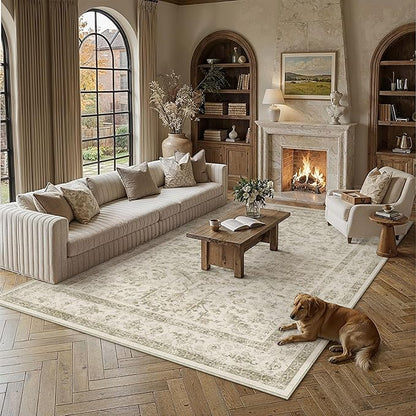 PureCozy Taupe 6x9 Area Rug Vintage Washable Living Room Carpet Non Slip Bedroom Indoor Office Low Pile Large Traditional Distressed Retro Accent Rug for Dining Room Bathroom Kitchen