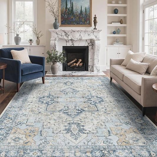 GENIMO 5x8 Area Rugs for Living Room, Machine Washable Low Pile Rugs, Chenille Non Slip Vintage Rug for Bedroom, Dining Room, Home Office, Blue