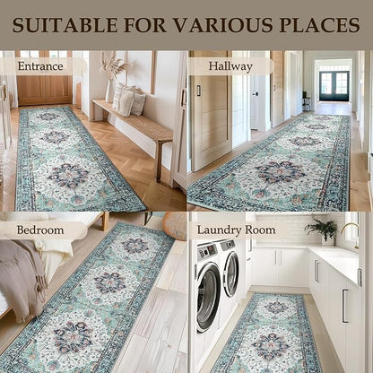 RELEANY Area Rugs 2'x10' Runner Rug Non Slip Washable for Kitchen Hallway Bedroom Beside Laundry Room Bathroom Rug, Floor Carpet, Green Navy Blue White Red Teal Colorful