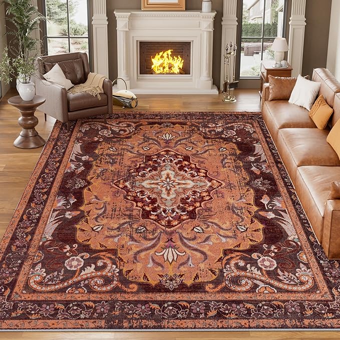RUSHUFFY 8x10 Washable Rug for Living Room, Non-Slip Large Boho Vintage Print Pattern Carpet for Bedroom Dorm Dining Room Farmhouse Nursery Home Office, Orange & Red