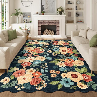 DUKINO 6x9 Area Rug, Floral Washable Rugs for Living Room with Non Slip Backing & Non-Shedding, Lightwight Low Pile Boho Design Large Carpets for Bedroom, Living Room, Dining Room, Navy Blue