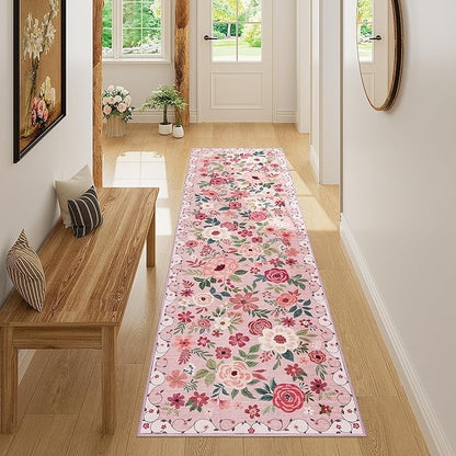 DUKINO Runner Rug, 2x7 Boho Kitchen Rug for Hallways with Low Pile Design, Washable Non Slip Backing Soft Floral Runner for Kitchen, Hallway, Entryway, Bedroom, Laundry, Pink