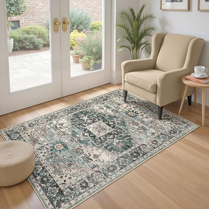 3x5 Washable Area Rugs for Living Room: Non Slip Vintage Green Rug, Large Soft Stain Resistant Indoor Floor Carpets for Bedroom Dining Room Nursery Home Office Kid & Pet Friendly