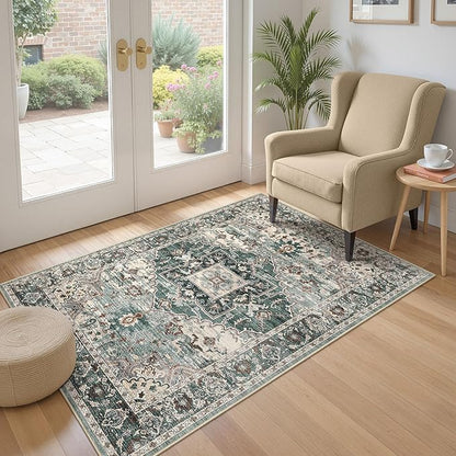 3x5 Washable Area Rugs for Living Room: Non Slip Vintage Green Rug, Large Soft Stain Resistant Indoor Floor Carpets for Bedroom Dining Room Nursery Home Office Kid & Pet Friendly