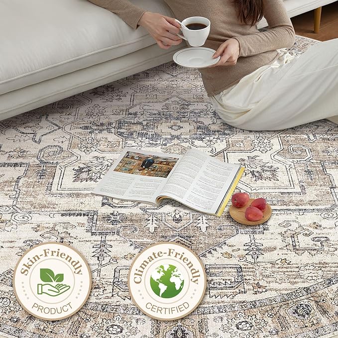 8x8 Round Area Rugs Washable Vintage - Soft Traditional Rugs for Living Room Large Non Slip Backing with Low Pile Farmhouse Oriental Retro Carpet for Bedroom Dining Room or Home Office - Tea Brown