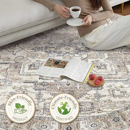 8x8 Round Area Rugs Washable Vintage - Soft Traditional Rugs for Living Room Large Non Slip Backing with Low Pile Farmhouse Oriental Retro Carpet for Bedroom Dining Room or Home Office - Tea Brown