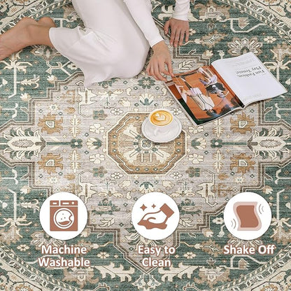 Round Rug Living Room Rugs: 5x5 Washable Boho Neutral Large Circle Soft Indoor Distressed Stain Resistant Floor Farmhouse Carpet for Bedroom Nursery Kids Playroom Office Dining Room Dorm- Green