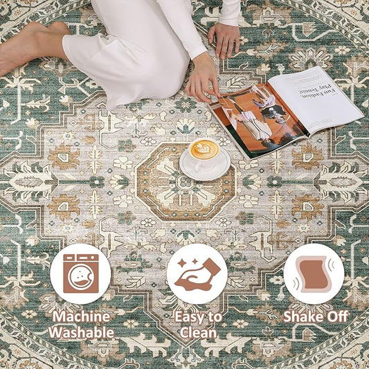 Round Rug Living Room Rugs: 6x6 Washable Boho Neutral Large Circle Soft Indoor Distressed Stain Resistant Floor Farmhouse Carpet for Bedroom Nursery Kids Playroom Office Dining Room Dorm- Green