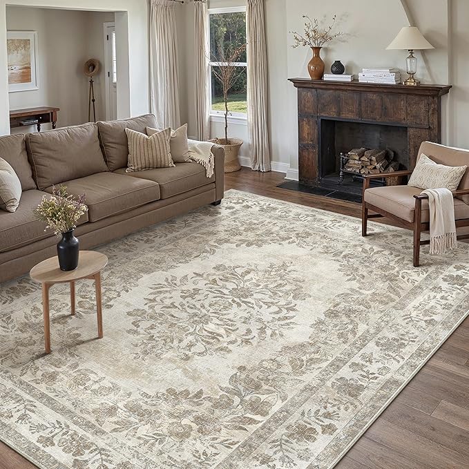 PureCozy 8x10 Area Rug Beige Washable Vintage Distressed Living Room Carpet Large Bedroom Indoor Medallion Floral Non Slip Retro Throw Floor Mat for Office Dining Room Kitchen Bathroom