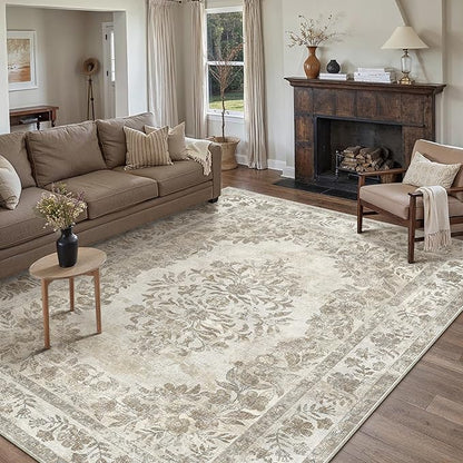 PureCozy 9x12 Area Rug Beige Washable Vintage Distressed Living Room Carpet Large Bedroom Indoor Medallion Floral Non Slip Retro Throw Floor Mat for Office Dining Room Kitchen Bathroom