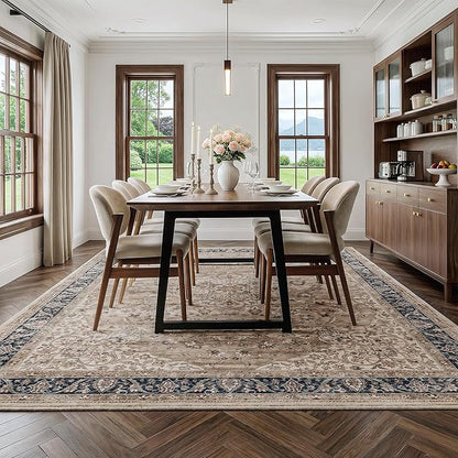 FMFUNCTEX 6x9 Brown Washable Area Rug Vintage Distressed Oriental Non Slip Low Pile Neutral Indoor Carpet for Living Room Bedroom Soft Retro Floral Thin Large Rug for Dining Nursery Office Dorm