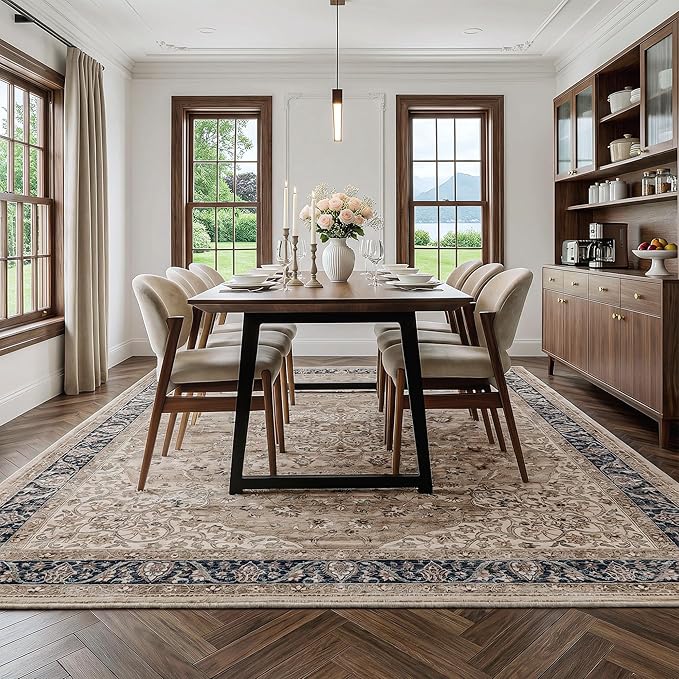 FMFUNCTEX 8x10 Brown Washable Area Rug Vintage Distressed Oriental Non Slip Low Pile Neutral Indoor Carpet for Living Room Bedroom Soft Retro Floral Thin Large Rug for Dining Nursery Office Dorm