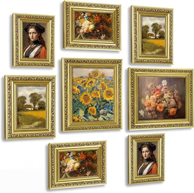 Novabright 8 Pcs Gold Vintage Picture Frames Gallery Wall Frame Set Antique Collage Photo Decor for Wall Mounting or Tabletop Display Multi Sizes for Gallery Living Room(8x10, 5x7, 4x6)