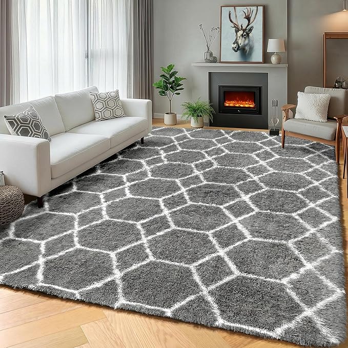 ONASAR 7x9 Area Rugs for Living Room Bedroom, Large Fluffy Grey and White Throw Rug, Geometric Soft Plush Shaggy Indoor Floor Carpet for Nursery Kids Girls Boys Teen Dorm Home Decor Aesthetic