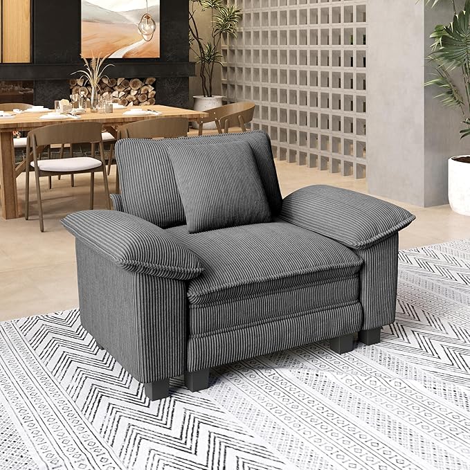 SUNSHINE VALLEY 53.5'' Oversized Accent Chair, Corduroy Single Seat Modular Sofa Chair with Wider Armrest and Pillow, Modern Cloud Deep Seat Armchair for Bedroom Living Room, Grey